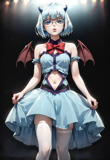 safe_pos, 1 girl, standing eye catching, solo, light blue hair, short hair, blue eyes, horns, round eyewear, colored eyelashes, (,((score_9, score_8_up)):1.5), perfect lighting, anime, anime style, lighting, best quality, masterpiece, (head to thighs) 1girl, solo,beautiful face,contoured eyebrows,erotic model, full lips, skin colored lips, thin lips, perfect, detailed, best, full body:1, standing:1,KuromuDress, bow, navel cutout, bare shoulders, demon wings, white thighhighs