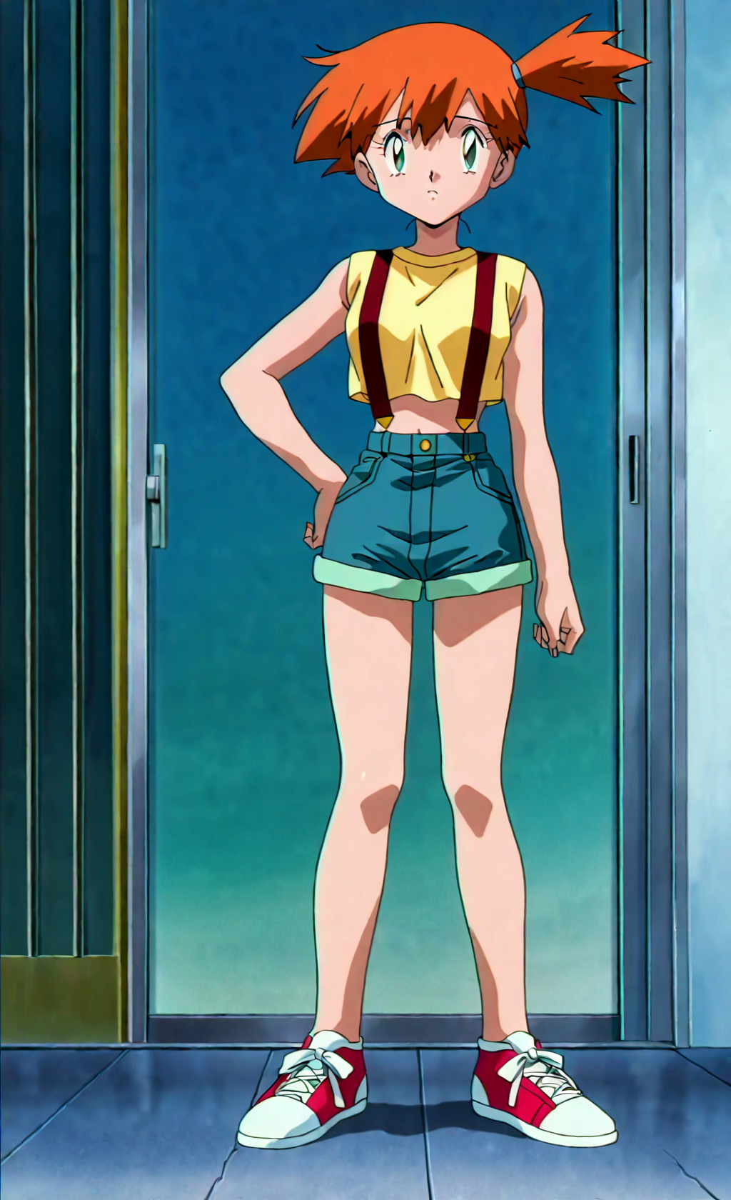score_9, score_8_up,score_7_up, source_anime, retro artstyle 1990s (style), anime screencap, 1girl, solo, mistypkm, misty, kasumi, pokemon, orange hair, side ponytail, suspenders, shirt, denim, shorts, red shoes, <lora:MistyPkmv2:1>