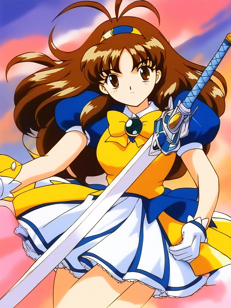 score_9, score_8_up, score_7_up, source_anime, rating_explicit, BREAK  <lora:Tsurugino_Mai_XL:1> Tsurugino_Mai, 1girl, solo, brown hair, weapon, gloves, sword, long hair, holding, 
1990s (style), brown eyes, bow, yellow bow, holding weapon, holding sword, magical girl, 
hairband, skirt, short sleeves, white gloves, Yellow armor, dress, white skirt,
looking at viewer, antenna hair, puffy sleeves, bangs, puffy short sleeves