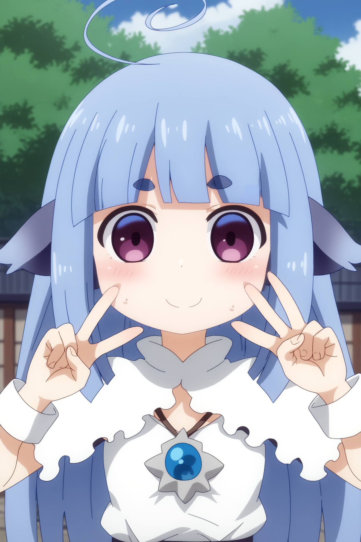 Piltia, anime coloring, solo  rating_safe, outdoors, double_V <lora:Ishuzoku_Reviewers-Piltia-PDXL:0.8>
