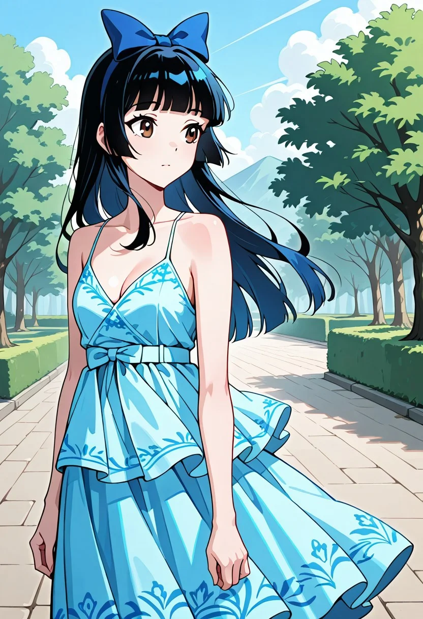 solo,1girl,dress, bare shoulders, StacyH, blue hair bow, black hair, long hair, blunt bangs, brown eyes, outdoors