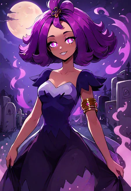 high resolution, highly detailed, perfect lighting, beautiful detailed eyes, ((masterpiece,best quality)), absurdres, solo, <lora:Acerola_Pokemon_P1:0.8>, glowing eyes, acerola (pokemon), purple hair, purple hair, topknot, flipped hair, collarbone, purple dress, stitches, multicolored dress, armlet, smile, looking at viewer, cowboy shot, medium breasts, curvy, narrow waist, graveyard, floating fires, <lora:LunarCAT_Style:0.8>, <lora:KuroCAT_Style:0.3>,