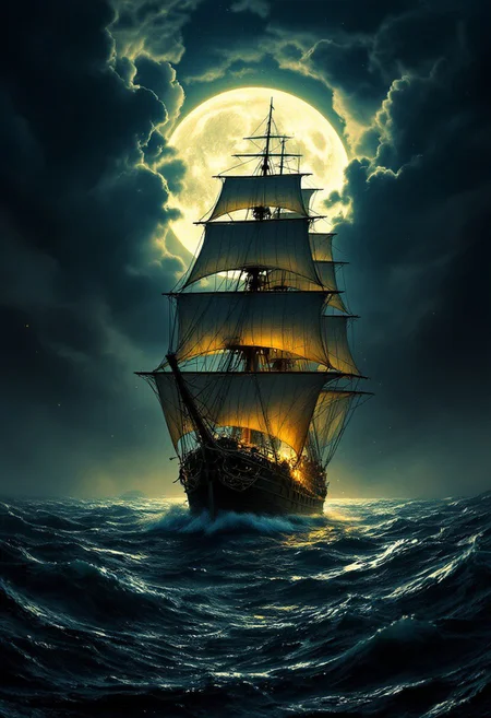 A majestic sailing ship sailing on a stormy sea under the night sky. The wind fills the sails, waves rage around, reflecting the moonlight. Dark clouds hang over the ship, leaving an opening in their center, through which a bright lunar disk breaks through, creating an atmosphere of mystery. There is light on board the ship, perhaps fire or torches that add a sense of tension