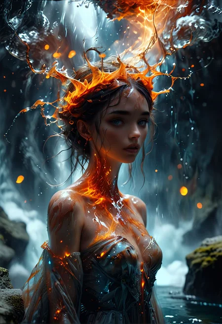 beautiful transparent liquid being made of clear translucent flowing glacial water with hair made of billowing clouds with lightning sparks, magical water elemental with caustics in feminine body form, wearing flaming fiery sheer dress with hanging olivine crystal gemstone jewelry, floating in a fantastical underground lush mossy cave dimension, prismatic spectrum color grading, moody misty atmospherics, 4k, highres, best quality, cinematic, epic, pantone analogue style, (concept art, digital art, realistic, professional masterpiece, dynamic,:1.2), convex spherical vision, curvilinear perspective, establishing panning shot, (low depth of field, tilt shift, iris blur, bokeh, sharp clarity:1.2), chromatic aberration, fine intricate details, warm dappled soft lighting, volumetric lighting, detailed highlights, backlight illumination, rim lighting, dvr-lnds-sdxl, low-key