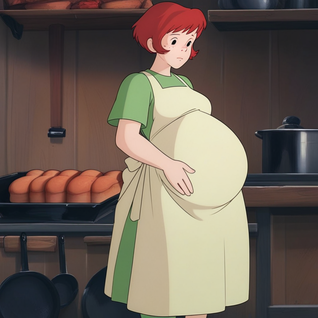 score_9, solo, Osono, red hair, freckles, short hair, apron, dress, pregnant