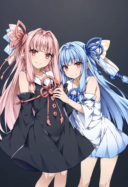 score_9, score_8_up, score_7_up, source_anime, rating:general, <lora:lowres_concept_ponyXL_v1:-0.3>
BREAK,
 <lora:kotonoha_akane_ponyXL_v1:0.5> kotonoha akane, long hair, pink hair, ribbon, red eyes, blunt bangs, sidelocks,  black dress, detached sleeves, 
<lora:kotonoha_aoi_ponyXL_v1:0.5> kotonoha aoi, long hair, blue hair, ribbon, red eyes, blunt bangs, sidelocks,  white dress, detached sleeves, 
<lora:kotonohayuri_ponyXL_v3:2> 2girls, siblings, sisters, yuri, smile, 
 <lora:mtu_style_PonyXL_v1-000015:1>