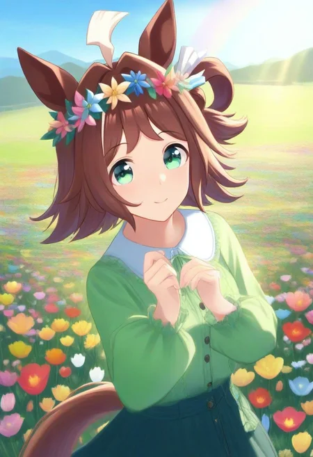 (umamusume, rhein_kraft_(umamusume), horse_ears, horse_girl, tail, 1girl, ahoge, animal_ears,)
casual, field, flower, flower_field, green_eyes, hair_between_eyes, hair_ornament,
head_wreath, looking_at_viewer, solo, aesthetic, absurdres, symmetric ,spiralling vortex made of multicoloured tulips, lush foliage sunrise, ripples, reflective, jaynl-tm, rainbow, , g0ldsw0rthy,
(realistic, photo, artistic, medium_hair, one_eye_closed, petals, relaxing, smile, : 0.7)