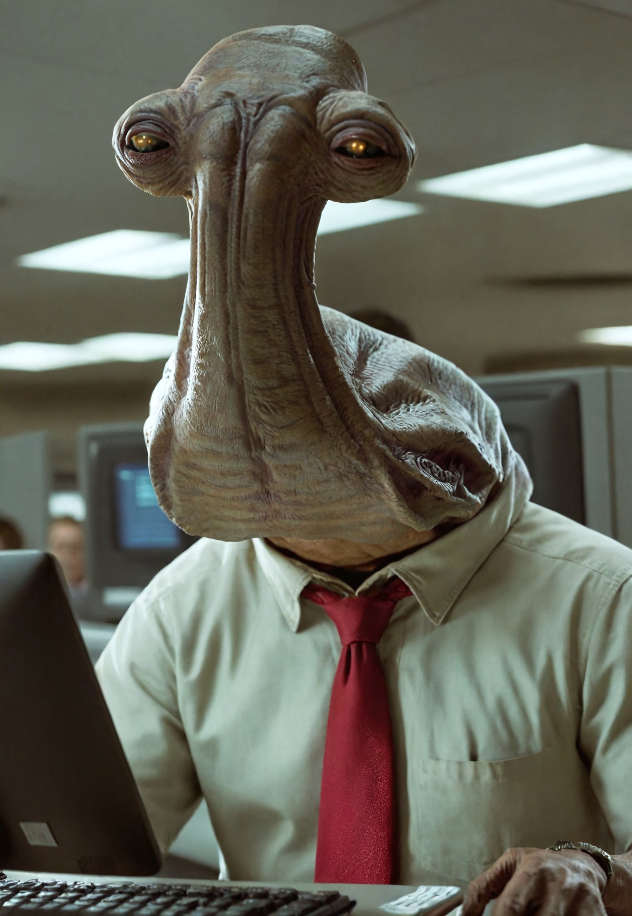 Cinematic Hollywood Film Style, High definition photograph, HDR, RAW photo, 8k resolution, Photorealistic, ultrarealistic,  ithorian hammerhead alien as an ordinary office worker, sitting in his cubicle typing on a computer, dull, ordinary, boring, wearing a tie
