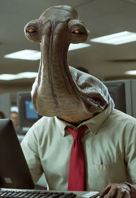 Cinematic Hollywood Film Style, High definition photograph, HDR, RAW photo, 8k resolution, Photorealistic, ultrarealistic, ithorian hammerhead alien as an ordinary office worker, sitting in his cubicle typing on a computer, dull, ordinary, boring, wearing a tie