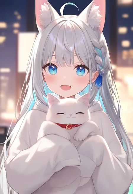 1girl,
hiten,
(azuuru:1.1), (torino aqua:1.2), (azuuru:1.1), kedama milk, fuzichoco, ask \(askzy\), chen bin, atdan, hito, mignon,
upper body, fox girl, sleeves past wrists, blush, holding animal, virtual youtuber, long hair, animal ear fluff, looking at viewer, animal ears, holding, white hair, ahoge, solo, blue eyes, blurry, fox ears, long sleeves, hairpin, :d, open mouth, hair ornament, cat, braid, holding cat, smile, depth of field, animal,
masterpiece, newest, absurdres, sensitive