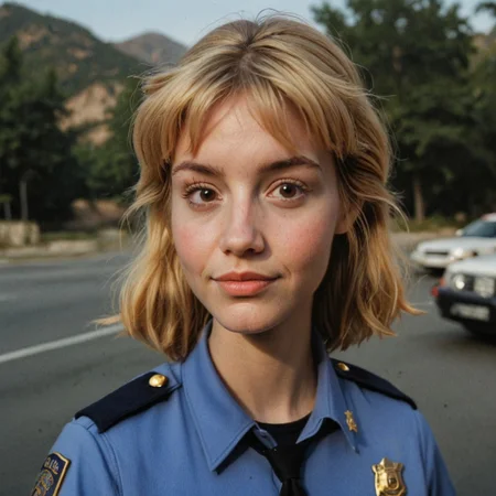 m1rndwr1ghtb0nk3rs, 1girl, solo, female focus, brown eyes, blonde hair, medium hair, bangs, police uniform, portrait,