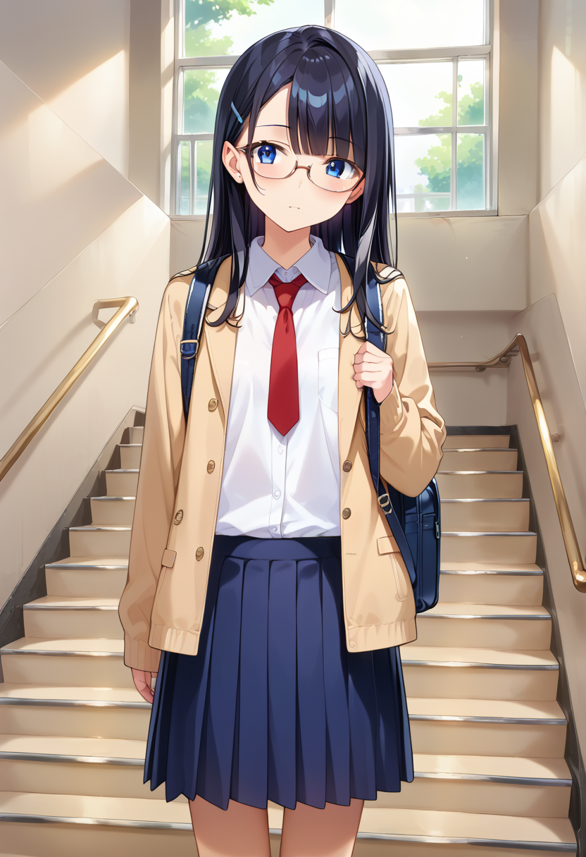 score_9, score_8_up, score_7_up, rating_safe, masterpiece, best quality, absurdres, unity 8k wallpaper, official art, official style, source_anime, uncensored, game cg, megami magazine,
1girl, solo, glasses, black hair, long hair, blue eyes, collared shirt, red necktie, pleated skirt, blue skirt, looking at viewer, blush,
kaidan, black hair, indoors, window, multiple girls, standing, bag, backpack, jacket, long hair, long sleeves, stairs, 
<lora:gakkou_kaidan_PONY_V2:1>