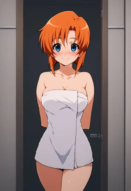 score_9, score_8_up, score_7_up, score_6_up, score_5_up, score_4_up, source_anime, 1girl, animeirl, rena ryuuguu, orange hair, short hair, blue eyes, medium breasts, thick thighs, shy smile, blush, towel, bathroom door, indoors, corridor, wet,