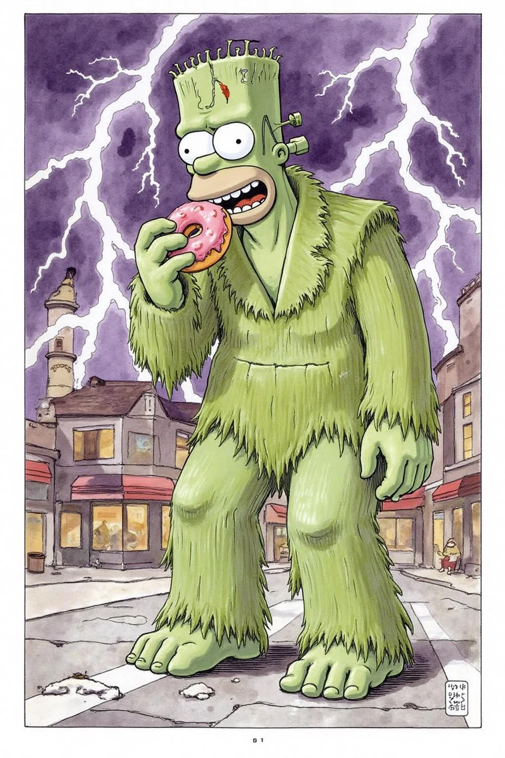 itacomic1 illustration. Homer Simpson dressed as Frankenstein, eating a doughnut during a thunderstorm <lora:itacomic_mima_fl_d4a2e8:1.0><lora:800599127076499381:0>