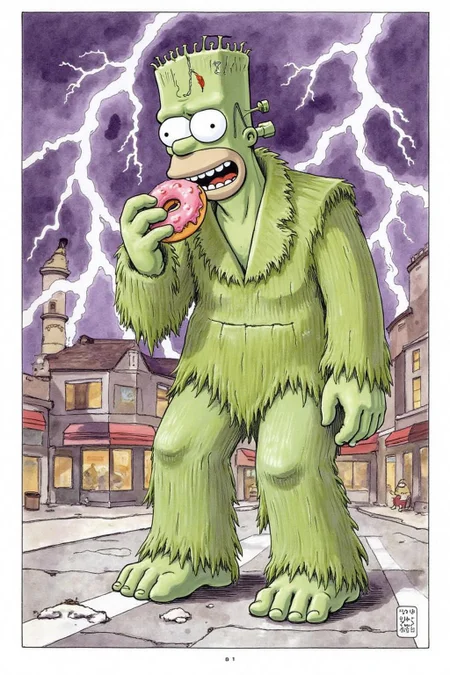 itacomic1 illustration. Homer Simpson dressed as Frankenstein, eating a doughnut during a thunderstorm  <lora:itacomic_mima_fl_d4a2e8:1.0><lora:800599127076499381:0>