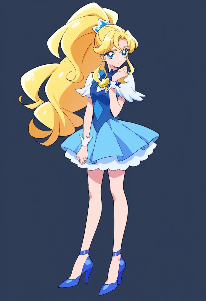 score_9, score_8, score_7, source_anime, pretty cure, shoes, high heels, :d, blue eyes, wrist cuffs, blonde hair, eyelashes, long hair, closed mouth, ponytail