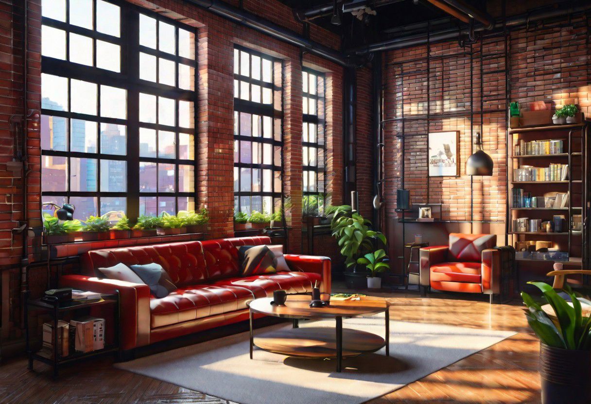 anime-style, an industrial-style interior with red brick walls and large windows, a  study, Sofa, coffee table, bookcase, single wall, 
warm light morning sun, the view of the city