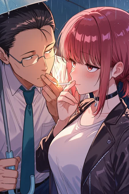 masterpiece, best quality, absurdres, safe
[1girl::0.1]1boy sasaki black hair, [forehead::0.3], glasses, 
cigarette kiss, holding cigarette, smoking,
white shirt, necktie, [bent over, ::0.3]
dark background, rain, holding umbrella, umbrella
BREAK
masterpiece, best quality, absurdres, safe
[1boy::0.1]1girl tayama red hair folded ponytail red eyes,
cigarette kiss, holding cigarette, smoking, blush,
black jacket, white shirt, black choker, [:light smile, looking up,:0.5]
dark background, rain, [:holding umbrella,:0.1]
<lora:cigarette_kiss_il_2_v4_d32_final:0.8>
<lora:smoking_manga_il_2:0.8>
