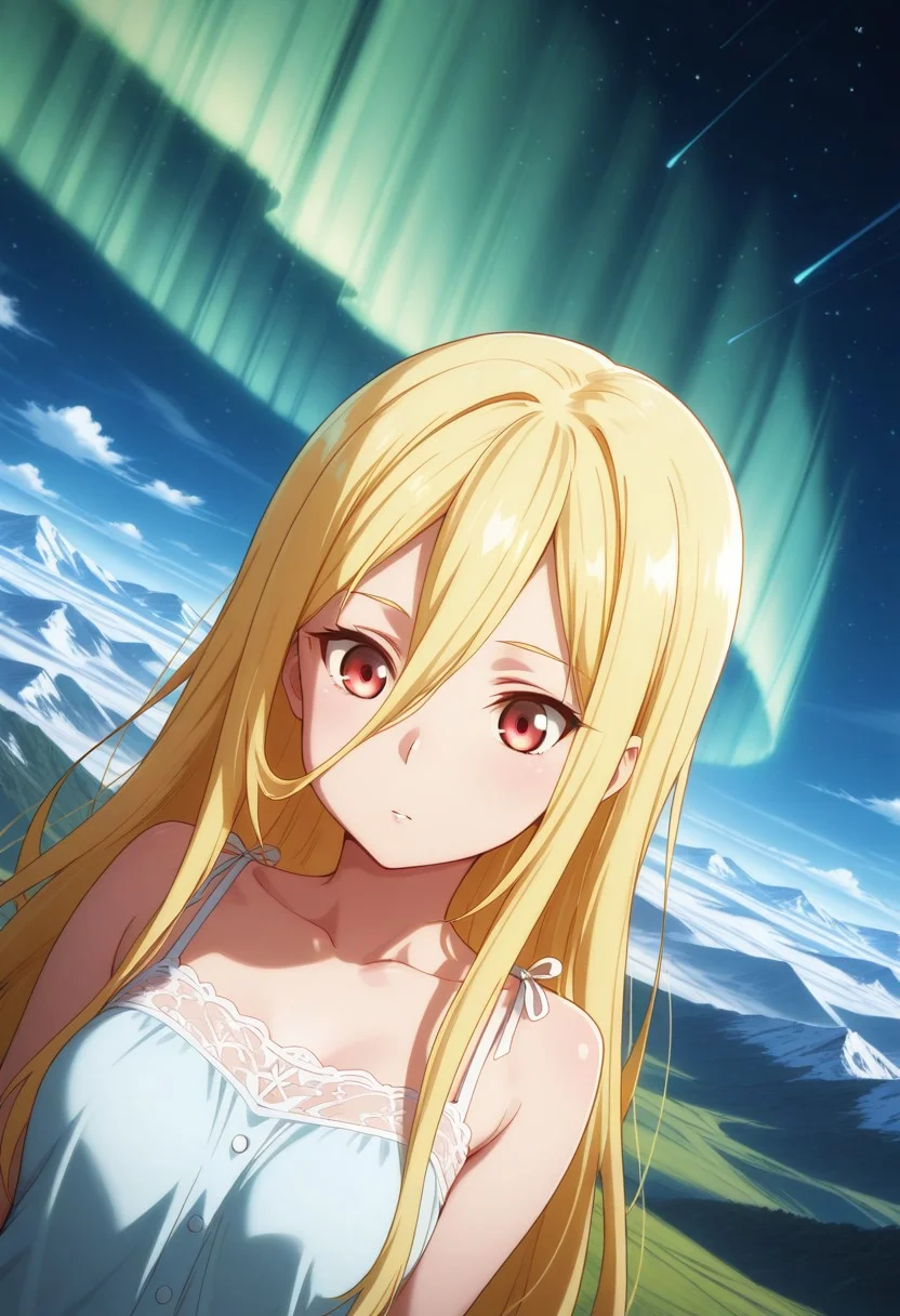 HDR, 8K, high contrast, masterpiece, best quality, amazing quality, very aesthetically pleasing, superabsurd res, high resolution, ultra-detailed, absurdres, latest, landscape, light rays, chiaroscuro, dynamic angle, Dutch angle, close-up, Aurora, red eyes, blonde hair, long hair, hair between the eyes, medium breasts, modern interior, illuminated, partially illuminated, Intricately designed, Mysterious shadows, BREAK, beautiful detailed eyes, detailed skin, detailed hair, volumetric lighting,