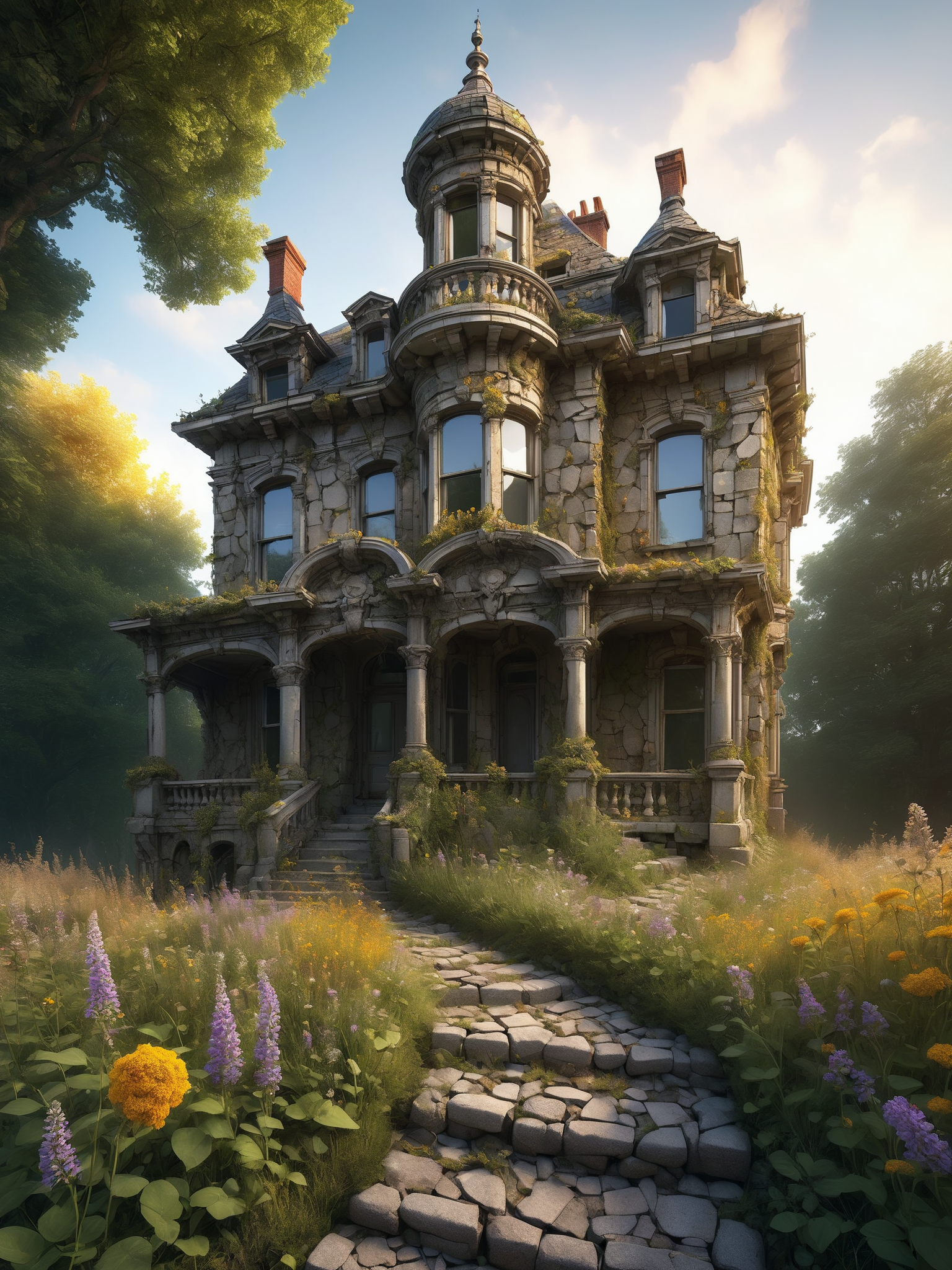 An abandoned Victorian mansion overtaken by nature, with mad-efeu climbing its crumbling walls made of mad-rubble and wildflowers blooming through the cracks of an ancient cobblestone path. The setting sun casts a golden hue over the scene, highlighting the eerie beauty of decay and the relentless power of nature reclaiming human creations, (masterpiece:1.2), best quality, (hyperdetailed, highest detailed:1.2), high resolution textures