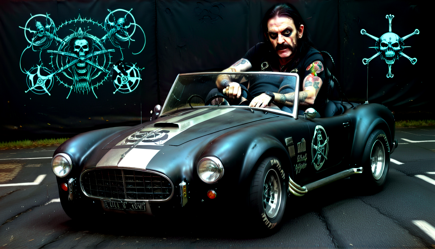 Occult satanic artwork lemmy from motörhead driving a sh3lby car, at hell, badass, daemons chasing him, black,,. Pentagrams, demonic figures, inverted crosses, dark ritualistic horror