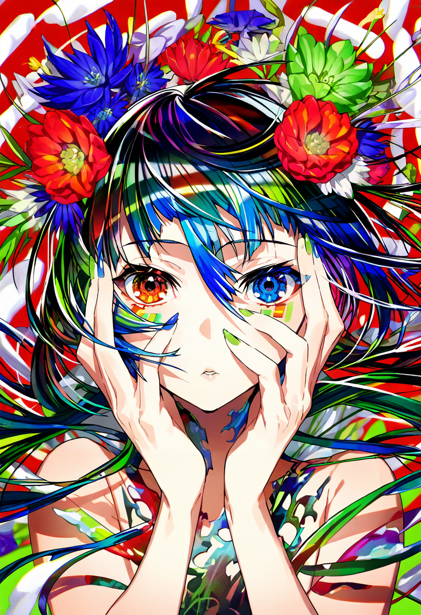 1girl, solo, flower, hair flower, looking at viewer, blue eyes, green nails, hair ornament, blue flower, heterochromia, bangs, parted lips, hands on own face, nail polish, long hair, red flower, blue hair, hair between eyes, hands up, red eyes, upper body, multicolored eyes, floating hair, multicolored nails, portrait <lora:mikaXL_NBVP1_lokr_V6311PZ:0.95>