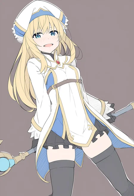 <lora:masabodo_xl:1>, masabodo, 1girl, priestess \(goblin slayer!\), goblin slayer!, 1girl, :d, black_thighhighs, blue_eyes, cleric, hat, holding, holding_weapon, long_hair, legs apart, looking_at_viewer, open_mouth, simple_background, standing, smile, solo, small breasts, staff, thighhighs, weapon, masterpiece, best quality, very aesthetic, absurdres