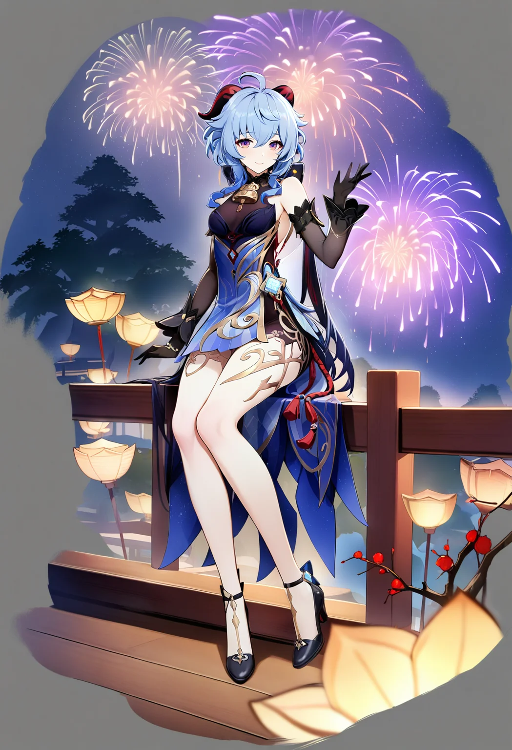 grey background, masterpiece, best quality, <lora:GachamiHoYoXL_ANI31_lokr_V42310:0.95> 1girl, ganyu \(genshin impact\), solo, dress, blue hair, horns, gloves, official alternate costume, bare shoulders, detached sleeves, blue dress, black gloves, purple eyes, ahoge, sitting, looking at viewer, high heels, sleeveless dress, black footwear, black dress, sleeveless, gradient dress, breasts, fireworks, full body, hand up, long hair, bare legs, night, night sky, sky, thighs, smile, vision \(genshin impact\), long sleeves, moon, goat horns, tree, medium breasts, arm support