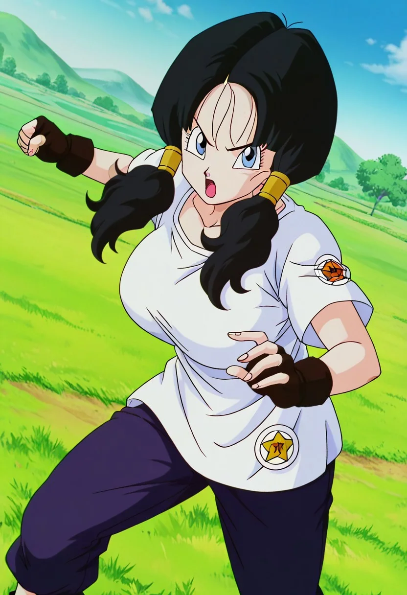 general,highres, ultra-detailed,very aesthetic,best quality ,best hands,best eyes,easynegative,
dynamic anglre, dutch angle, anime cloring,anime screencap,
1girl solo,looking at viewer,meadow,open mouth,fighting,
Videl,black_hair, blue_eyes, huge_breasts,shirt,pants,