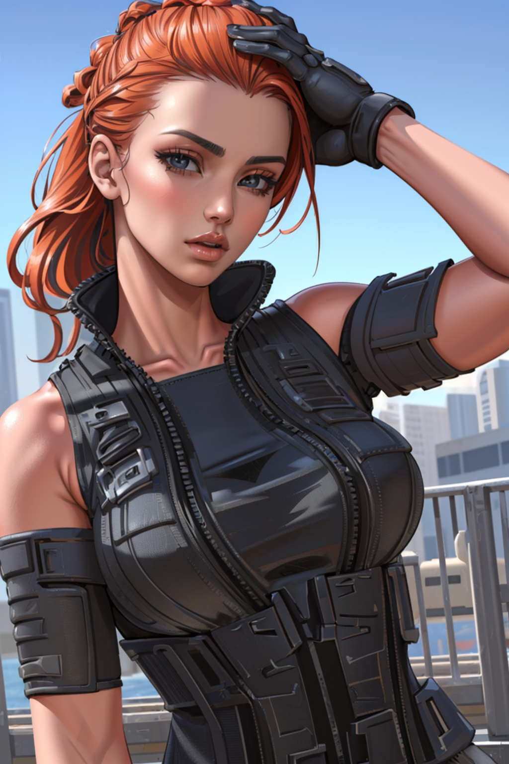 (photorealistic:1.4), <lora:TacticalAssautV1:1>, (masterpiece:1.4),(best quality:1.4)(high_resolution:1.1) , (1girl, oily skin, wearing tactical_assaut t-shirt gloves), ((upper body)),  ((thin hair, realistic hair:1.2)), orange hair
<lora:muscle_slider_v1:2>,
<lora:weight_slider_v2:-1>,
<lora:hair_length_slider_v1:1>,
<lora:Background_Detail_v3:0.4>,
<lora:add_detail:0.5>