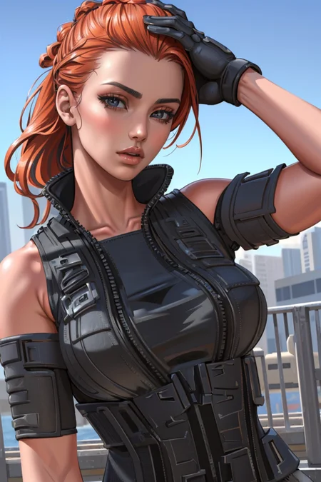 (photorealistic:1.4), <lora:TacticalAssautV1:1>, (masterpiece:1.4),(best quality:1.4)(high_resolution:1.1) , (1girl, oily skin, wearing tactical_assaut t-shirt gloves), ((upper body)),  ((thin hair, realistic hair:1.2)), orange hair
<lora:muscle_slider_v1:2>,
<lora:weight_slider_v2:-1>,
<lora:hair_length_slider_v1:1>,
<lora:Background_Detail_v3:0.4>,
<lora:add_detail:0.5>