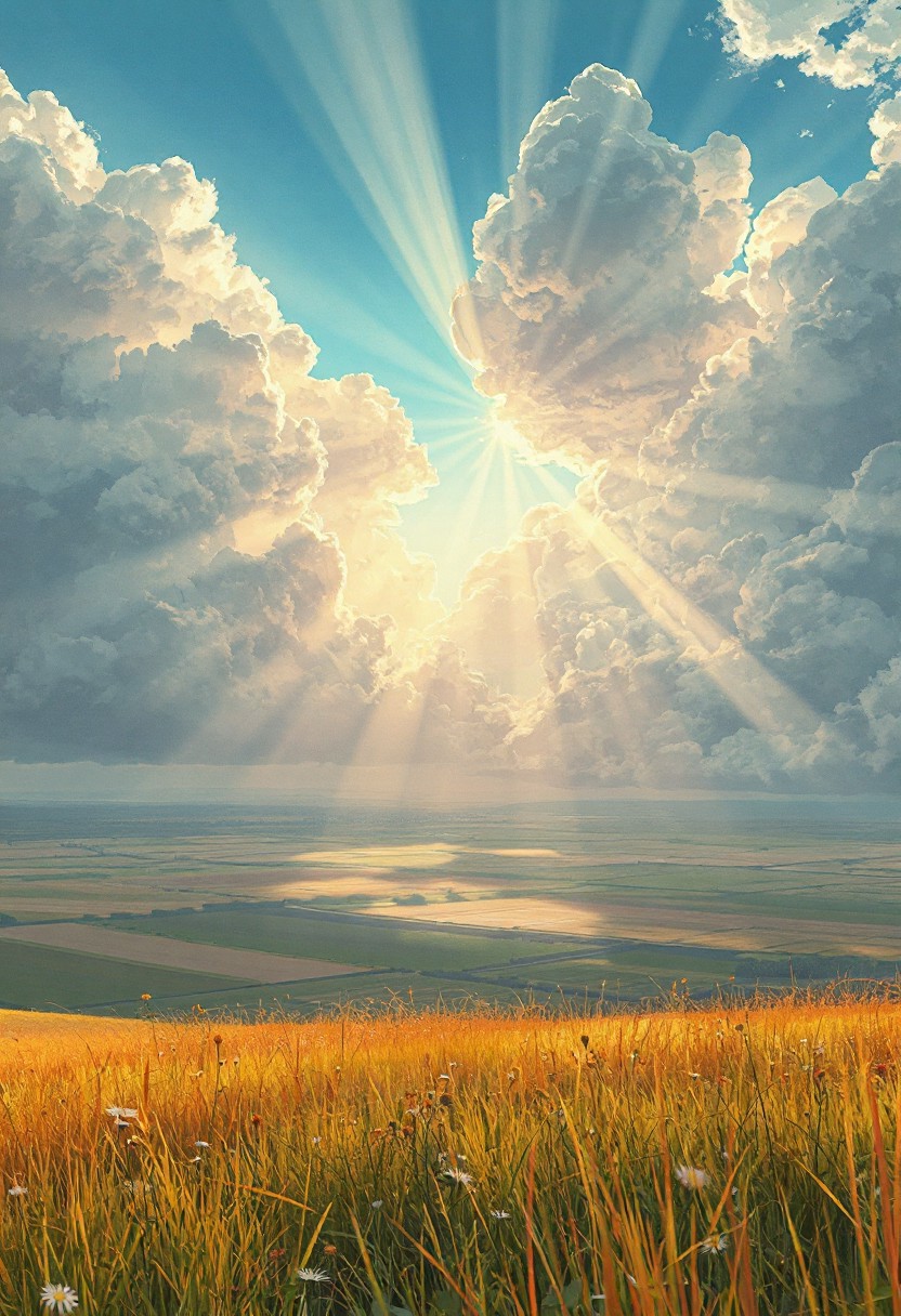 "Vertical 9:16 cinematic anime scene, wide view from a grassy hilltop, overlooking endless golden fields, detailed wildflowers in the foreground gently swaying in the wind, massive textured clouds overhead with visible folds and organic bumps, powerful beams of shimmering sunlight bursting through scattered gaps in the clouds, painting radiant streaks across the land, pastel sky in soft blues, golds, and faint pinks, hyper-detailed soft watercolor anime shading, dreamy emotional atmosphere, slight gentle motion in the grass and flowers.