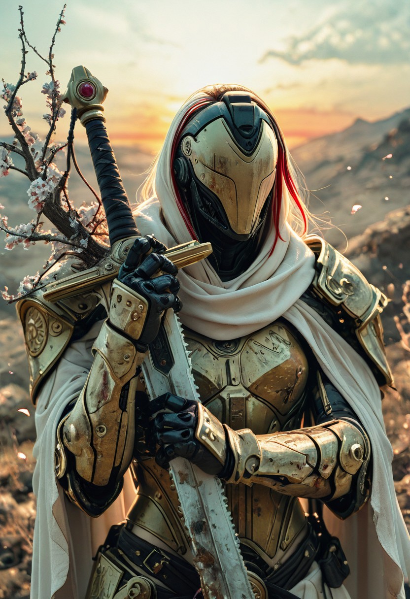 Moody, Upper Body, A colossal mecha entwined with vibrant cherry blossom branches. Petals drift from its shoulders like snowfall. Its armor is pristine white, streaked with sap and dirt. It stands still, cradling a shattered sword, gazing into a field of broken machines. The sunset paints the scene in hues of gold and crimson. The air is thick with the scent of dying flowers. Atmospheric sunrise, vibrant