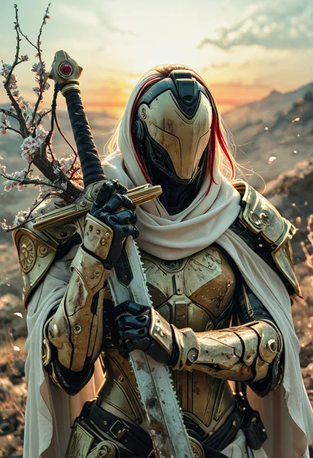 Moody, Upper Body, A colossal mecha entwined with vibrant cherry blossom branches. Petals drift from its shoulders like snowfall. Its armor is pristine white, streaked with sap and dirt. It stands still, cradling a shattered sword, gazing into a field of broken machines. The sunset paints the scene in hues of gold and crimson. The air is thick with the scent of dying flowers. Atmospheric sunrise, vibrant