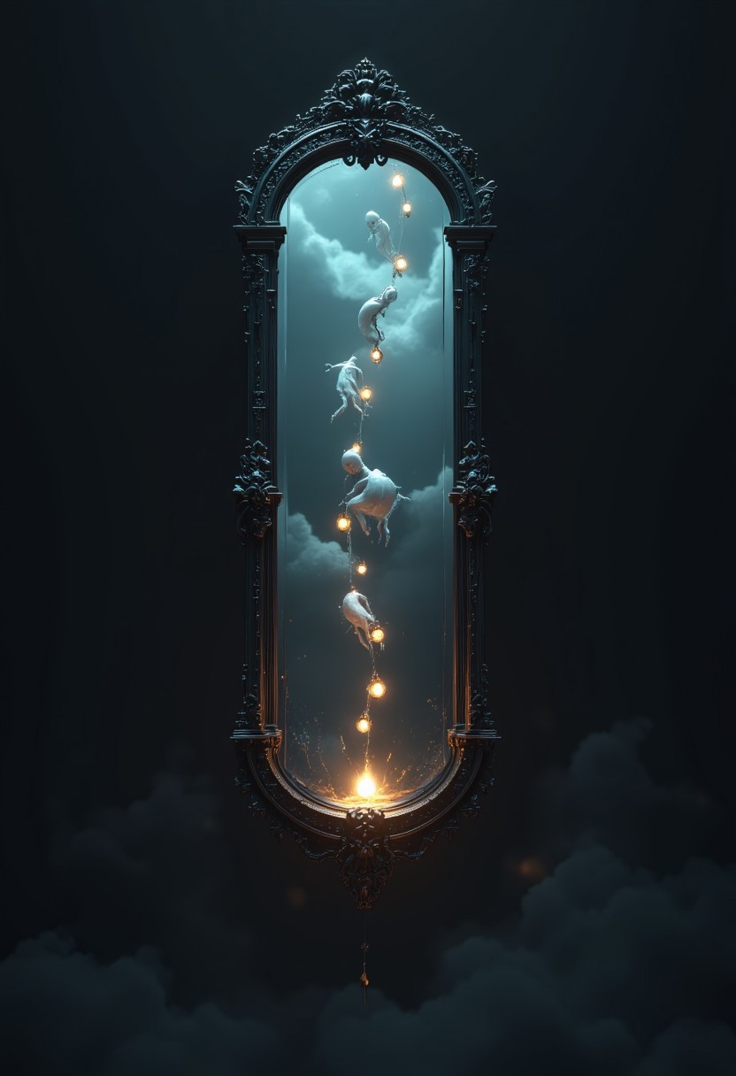 This high-resolution CGI illustration, rendered in a realistic, hyper-realistic style, presents a surreal mirror suspended in darkness. From the surface of the mirror, small, ghostly figures appear to be climbing out, as though it’s a portal to another realm. Each figure glows faintly, and they seem to carry tiny lanterns, illuminating their path as they emerge. The mirror’s frame is engraved with mysterious runes, hinting at a powerful enchantment or ancient magic.