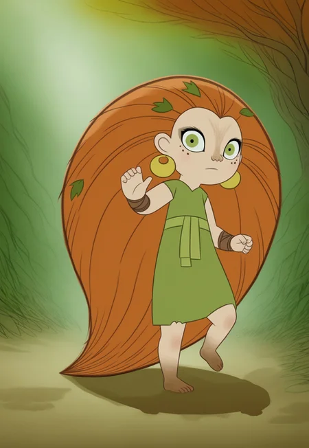 (zPDXL3), full body, solo, 1girl, best quality, 1girl, solo, mebh_human, green eyes, long hair, orange hair, earrings, barefoot, earrings, jewelry, leaf, freckles, muddy feet, looking at viewer, dynamic expression, dynamic pose, outdoors, forest, dynamic angle