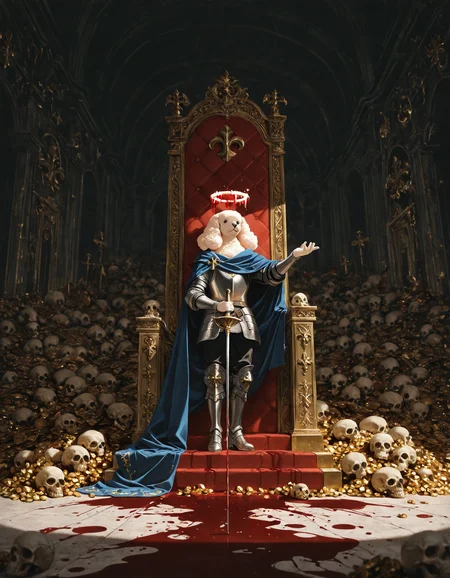 embedding:IllusP0s
,anthropomorphic poodle knight, poodle head, standing, posing,  holding rapier, blue shoulder cloak, fleur-de-lis, plate armor,renaissance, happy, broken halo,fancy boots, elegant
,indoor, background of throne room, skull pile
,wide shot, depth of field, realism, no humans, blood splatters on throne, covered in blood,treasure, decorations, guilded