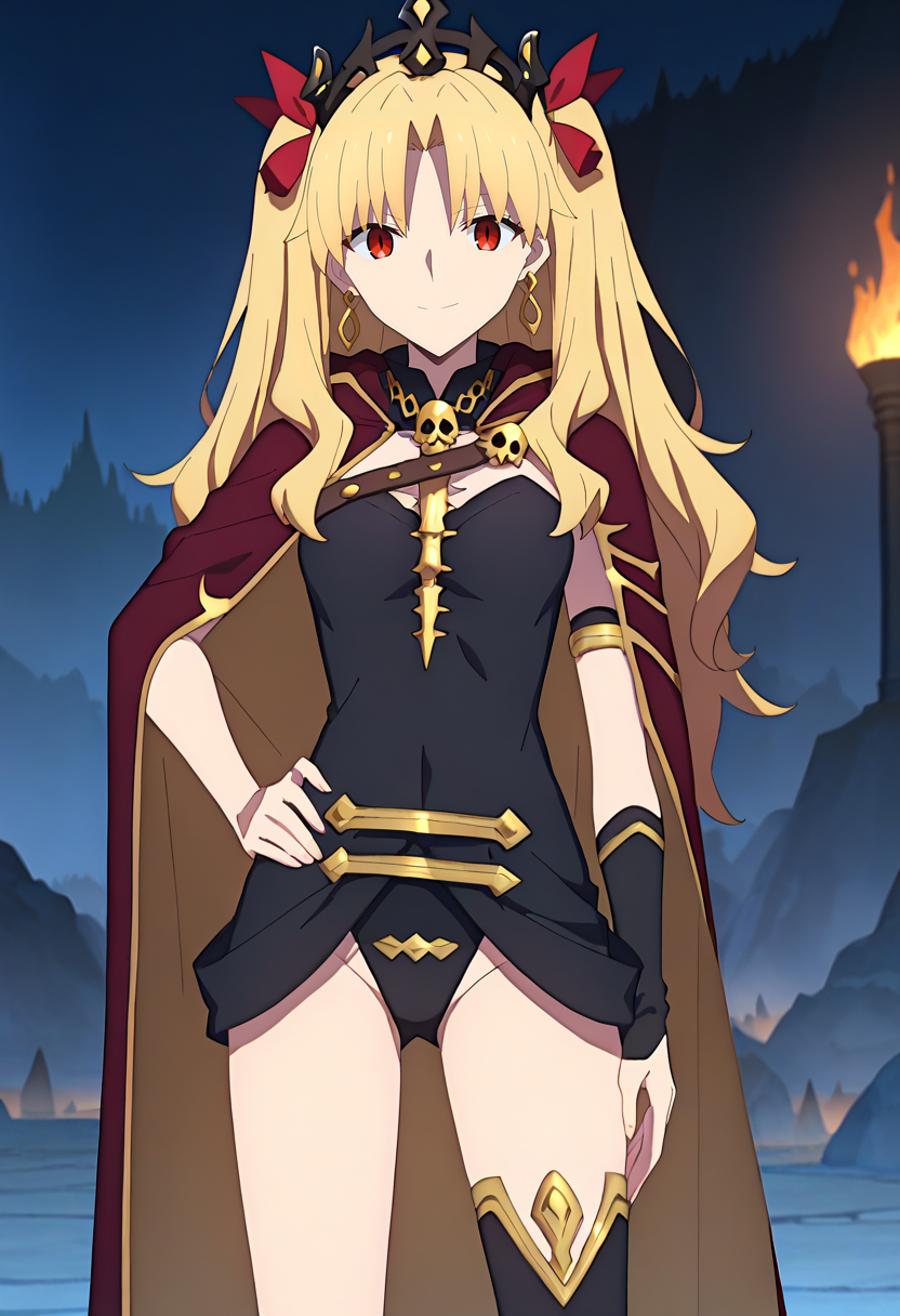 score_9, score_8_up, anime screencap,
<lora:FateGrandOrder_EreshkigalXL:0.8>, EreshkigalFGO,
1girl, solo, closed mouth, light smile,
blonde hair, red eyes, parted bangs, two side up, earrings, tiara, hair ribbon,
black leotard, red cape, fur trim, skull, chest belt, single sleeve, elbow gloves, gold trim, single thighhigh, black thighhighs,
standing, looking at viewer, hand on own hip,
night, dark, cave