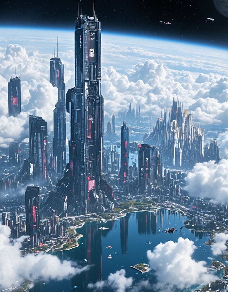 <lora:Space_Worlds_01__Poetic_fluxbeta4:1> sw01p_flux. On a planet with clouds, there is a large cyberpunk city with very hight dark blue buildings covered by red neons and red and white kanji. A large lake is in front of an other cyberpunk city with white buildings that reflect in the water. A planet is visible in the sky . There are tiny boats on the lake and tiny airships in the space sky.