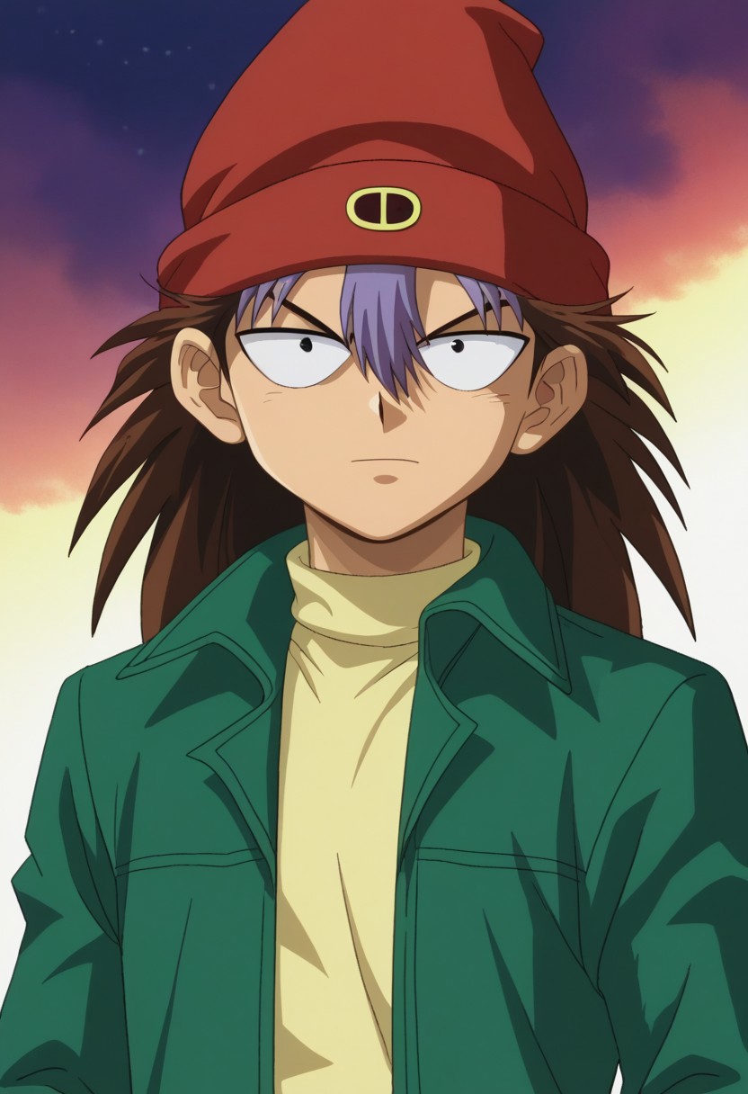 score_9, score_7_up, source_anime
ryuzaki, 1boy, male focus, solo, black eyes, brown hair, long hair, multicolored hair, two-tone hair, brown hair, purple hair, hair between eyes, hat, beanie, red headwear, shirt, yellow shirt, turtleneck, jacket, green jacket, long sleeves, open jacket, open clothes,