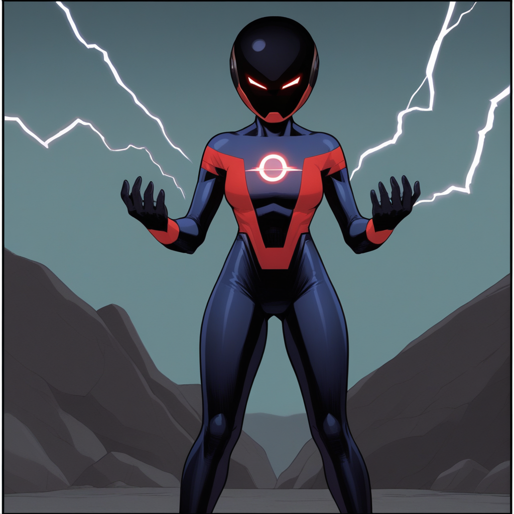 score_7_up, BREAK, source_comic, RadiantRed, 1girl, solo, helmet,  bodysuit, glowing eyes, superhero,    <lora:Radiant_Red_PXL_Leaf1:1>, lightning,