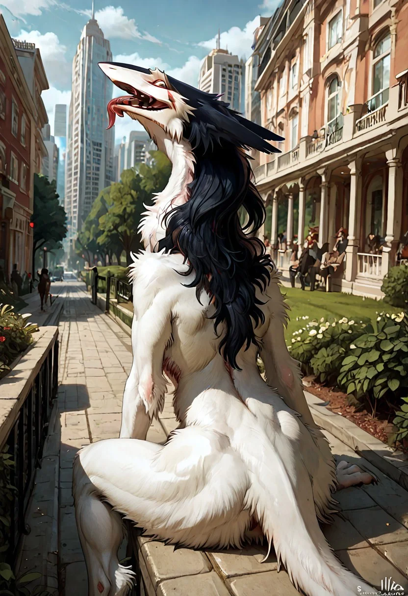 score_9, score_8_up, score_7_up, borzoi dog with Rain Silves face, sergal gace, yellow eyes, feral, animal, from behind, sitting, looking back, creepy, park, buildings, street