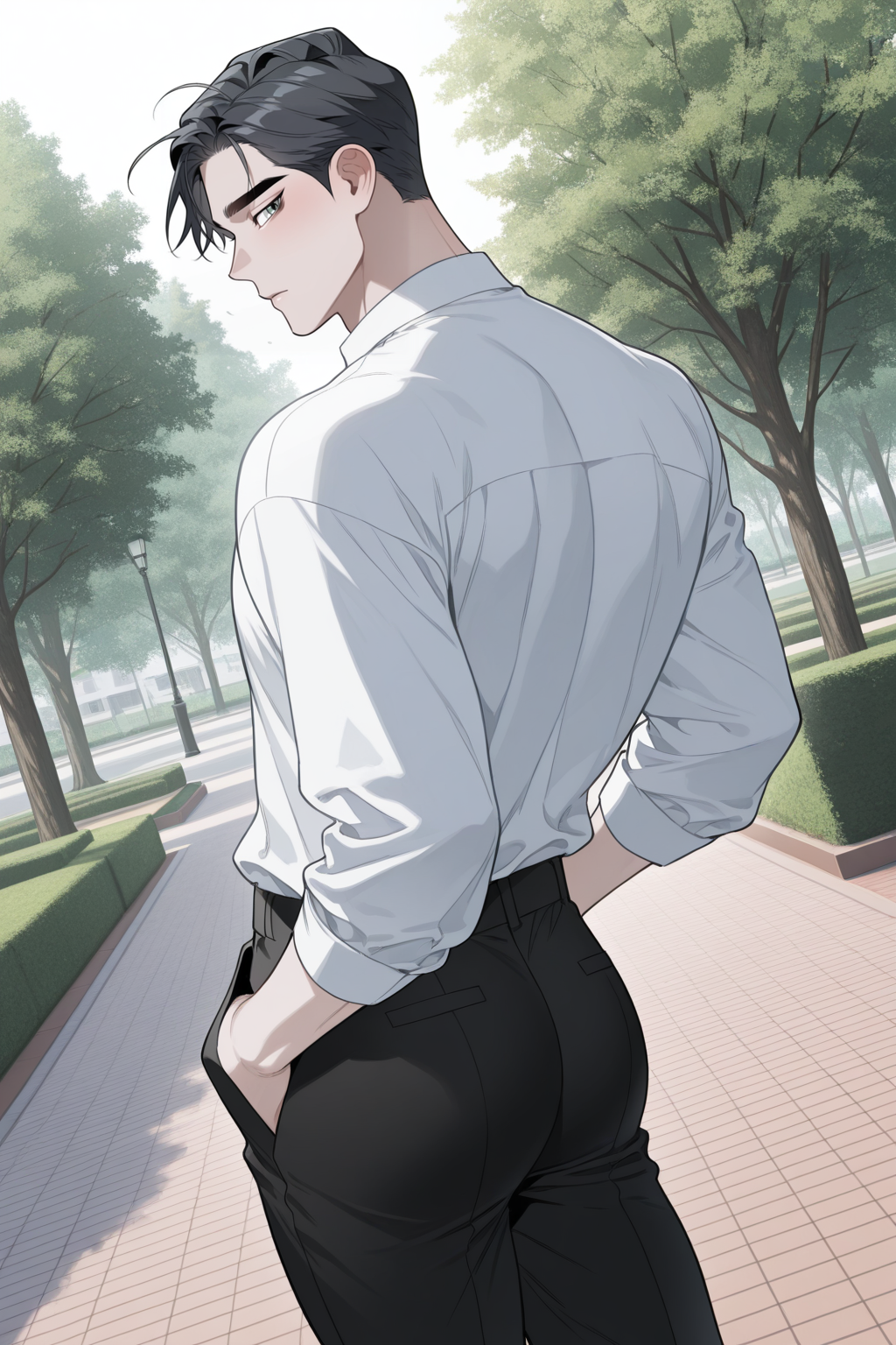 <lora:define relationship-IL-000008:0.8>,formal, karlyle, grey hair, green eyes,hands in pockets,white shirt,black pants,looking back,dutch angle,wind, park, spring,,1boy,solo,yaoi,bara,male focus,masterpiece,best quality,amazing quality,nsfw,uncersored,highres,best quality,amazing quality,best aesthetic,absurdres,