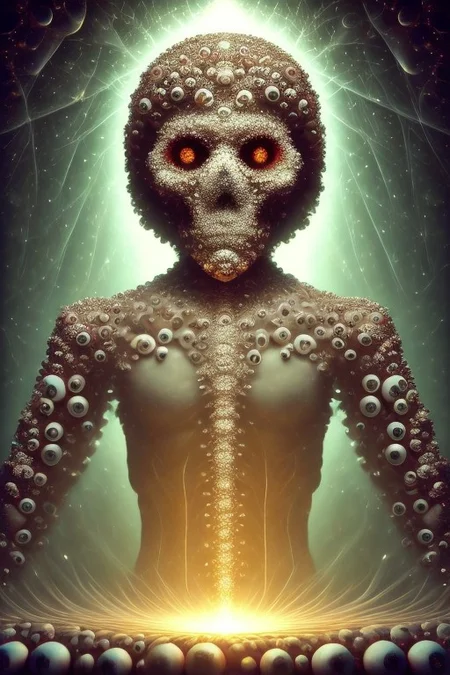 Eyeball  (Giant void swirling with magical light), deep pit vortex, glowing neon colors, dark exterior, mysterious ambiance, energetic and ethereal light patterns swirling, grainy texture, low resolution for a vintage aesthetic, a surreal dream-like atmosphere. Capture the essence of magic and depth in this captivating scene. (Black light art)