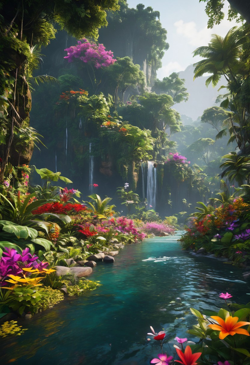 unreal engine 5 render, jungle, river, flowers, extremely detailed, colorful