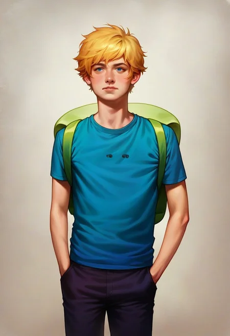 score_9, score_8_up, score_7_up, source_anime,
(best quality:1.1), (masterpiece:1.2), (realistic:1.2), (detailed:1.1), (highres, best quality:1.2), adventure time
solo, 1boy,finn the human, \(adventure time\), Blue shirt, shirt, Blue short, short, without hat, blonde hair, short hair, dot eyes, green backpack, backpack