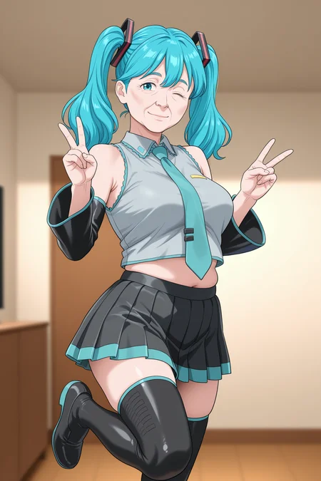 masterpiece,best quality,amazing quality,very aesthetic,absurdres,newest,
BREAK
1girl, solo, , long hair, , blurry background, twintails, blue hair, double v, one eye closed, light smile, hatsune miku \(cosplay\), black pleated skirt, standing on one leg, crop top, wink, detached sleeves, blue trim, black thighhighs, necktie,
<lora:Historika_Style_Illustrious:1> historika, mature female, textless