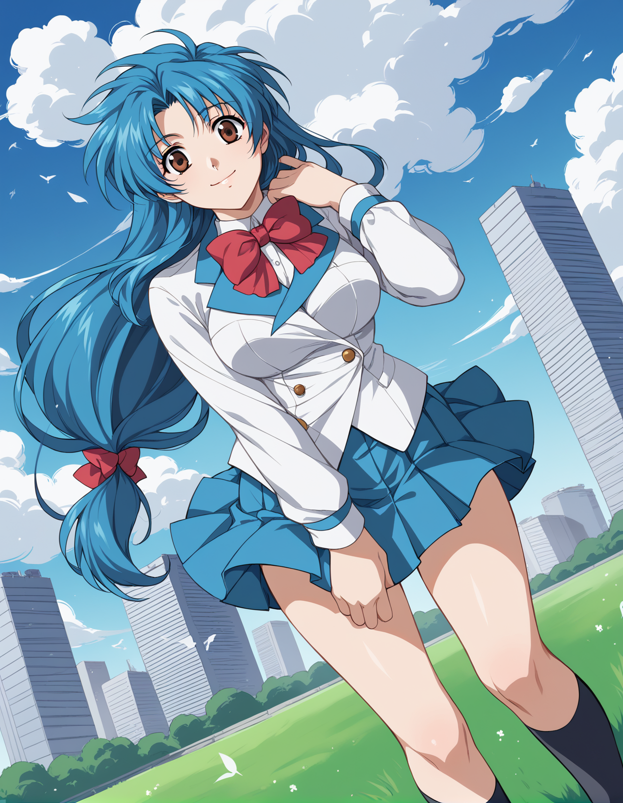 score_9, score_8_up, score_7_up, score_6_up, score_5_up, score_4_up, source_anime, rating_explicit, BREAK <lora:kanameXL_LoRA-C3Lier_AdamW_Dim8_Alpha8_UN-3e-4_TE-1.5e-4_10batch_ponyDiffusionV6XL_v6StartWithThisOne:1>, chidori kaname, 1girl, 1990s \(style\), brown eyes, blue hair, medium breasts, low-tied long hair, white shirt, red bowtie, long sleeves, blue skirt, pleated skirt, hand in own hair, looking at viewer, light smile, floating hair, standing, dutch angle, wind, grass, cityscape, blue sky, cloud, sunlight