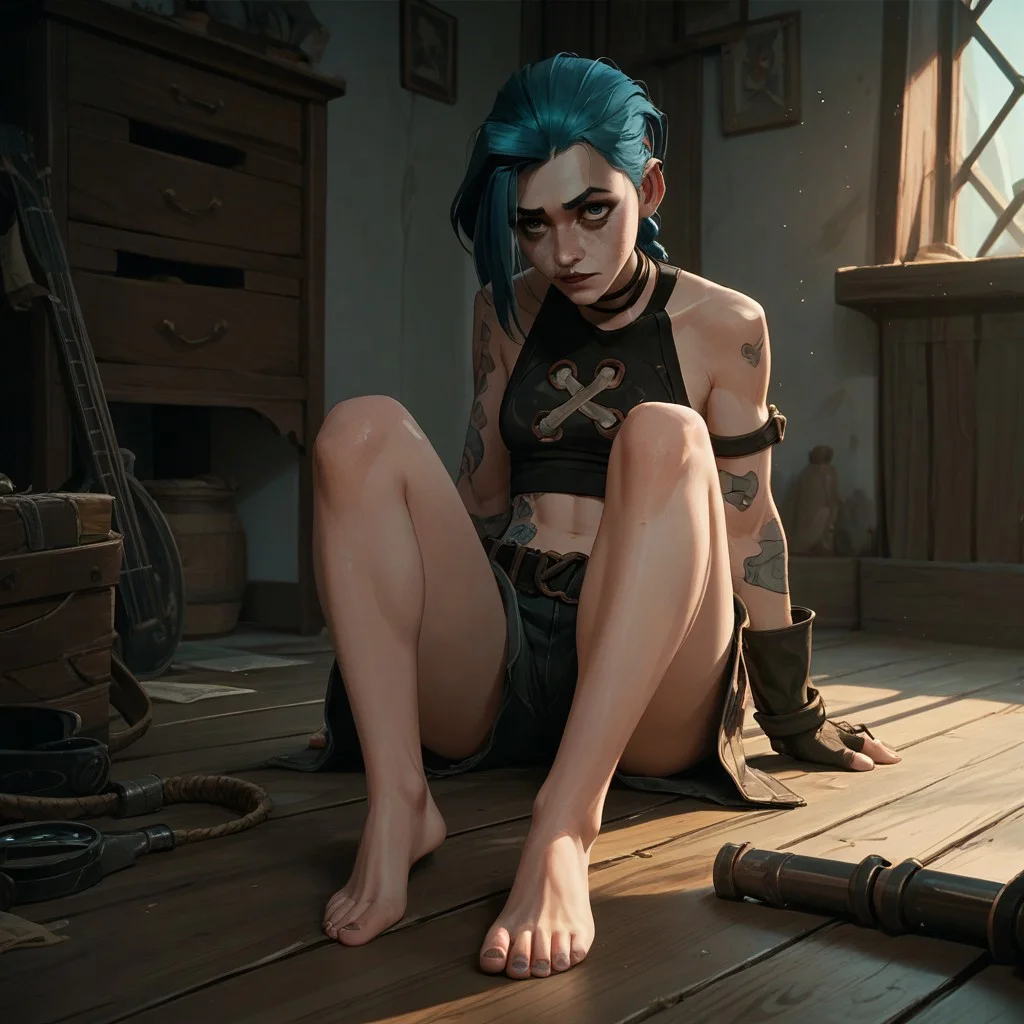 score_9, score_8_up, score_7_up, score_6_up, score_5_up, score_4_up, 1girl, JinxPowder, sitting on the floor, barefoot