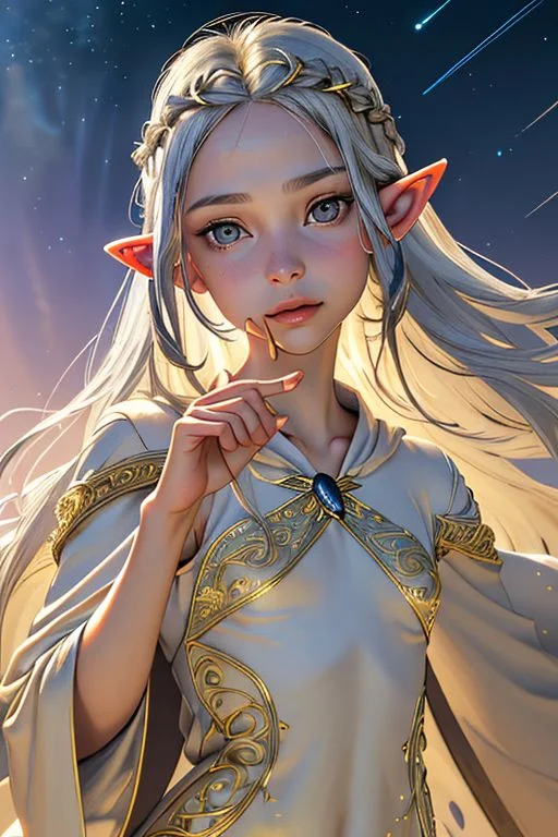 Portrait of a beautiful queen, 18yo, casting a spell, (small natural pointed ears:1.4), very long braided golden hair with silver highlights, gold circlet, (lips speaking a spell), large light grey eyes, happy, medium breasts, (finely embroidered gossamer tunic and robe with stars design), random pose, outdoors, star filled sky, golden hour, professional hyperrealist art by Chuck Close, sharp focus, dramatic, award winning, dtx, (depth of field blurry background, blurry foreground, bokeh, (masterpiece), (extremely intricate:1.3), (hyperrealistic), HD